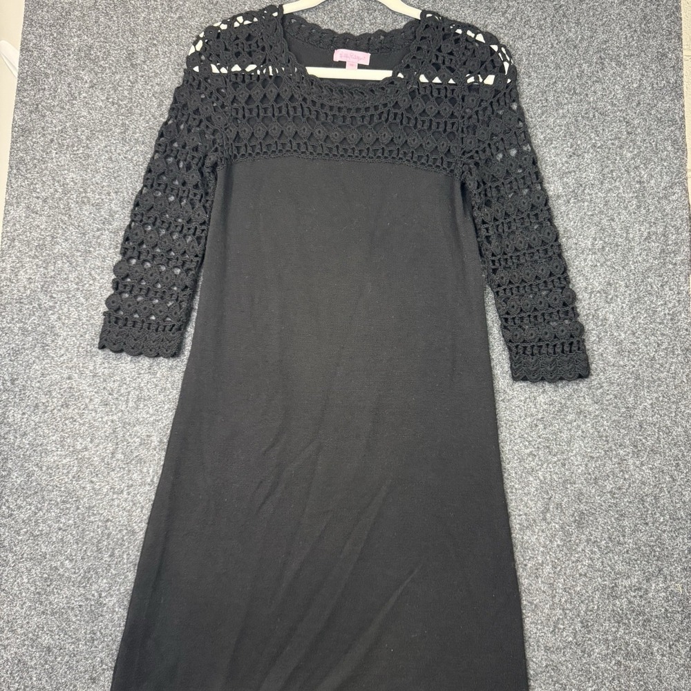 Lilly Pulitzer Kariana Dress XS Black Merino Wool Crochet 3/4 Sleeve Shift
